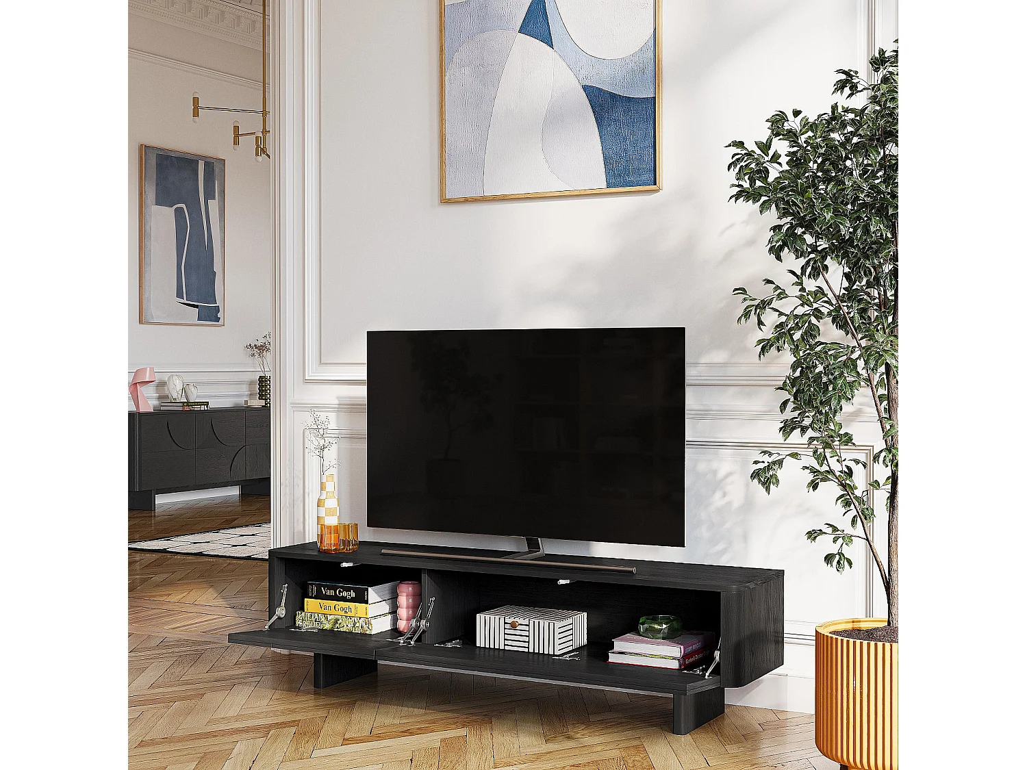 Habitat - Meuble TV 2 abattants en frêne 180 cm - Noir - Design by Hélèna Pille - Milord