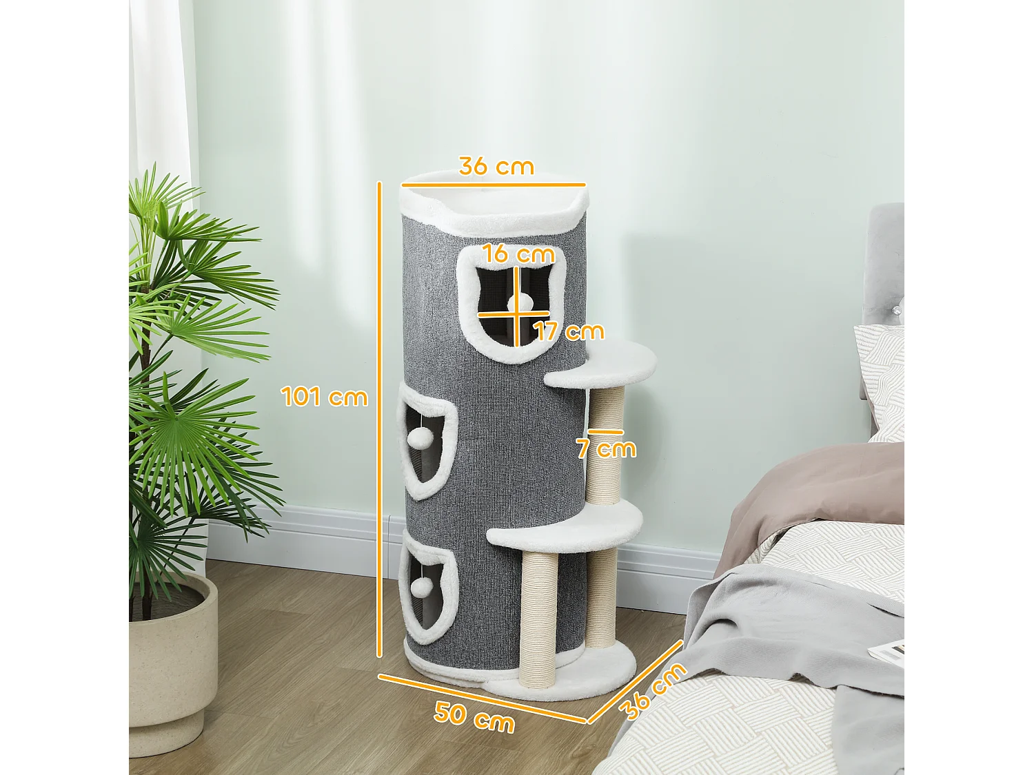 Tour pour chat H.101cm design 4 niveaux 3 boules de jeu plateforme griffoirs polyester gris peluche blanc