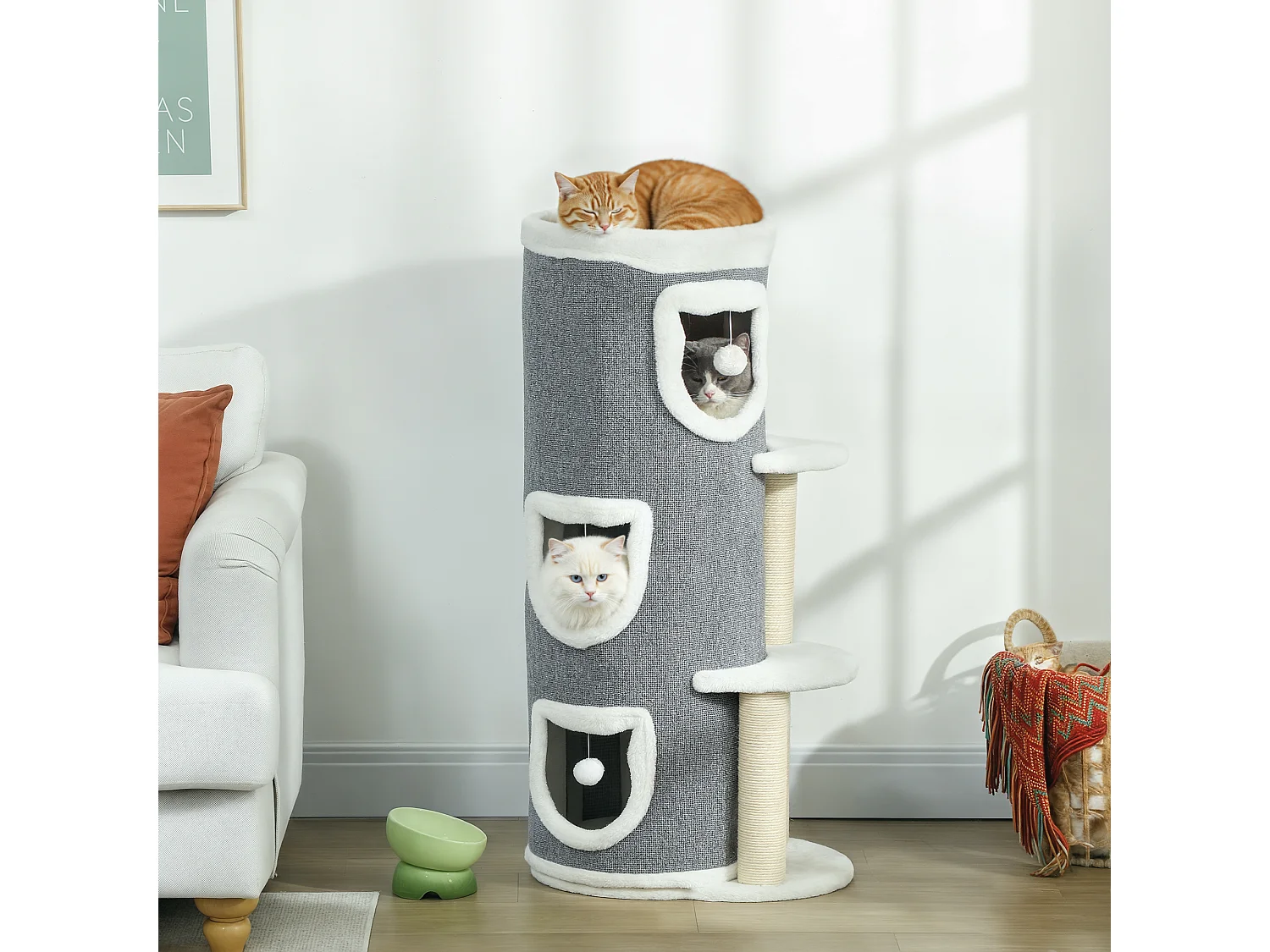 Tour pour chat H.101cm design 4 niveaux 3 boules de jeu plateforme griffoirs polyester gris peluche blanc