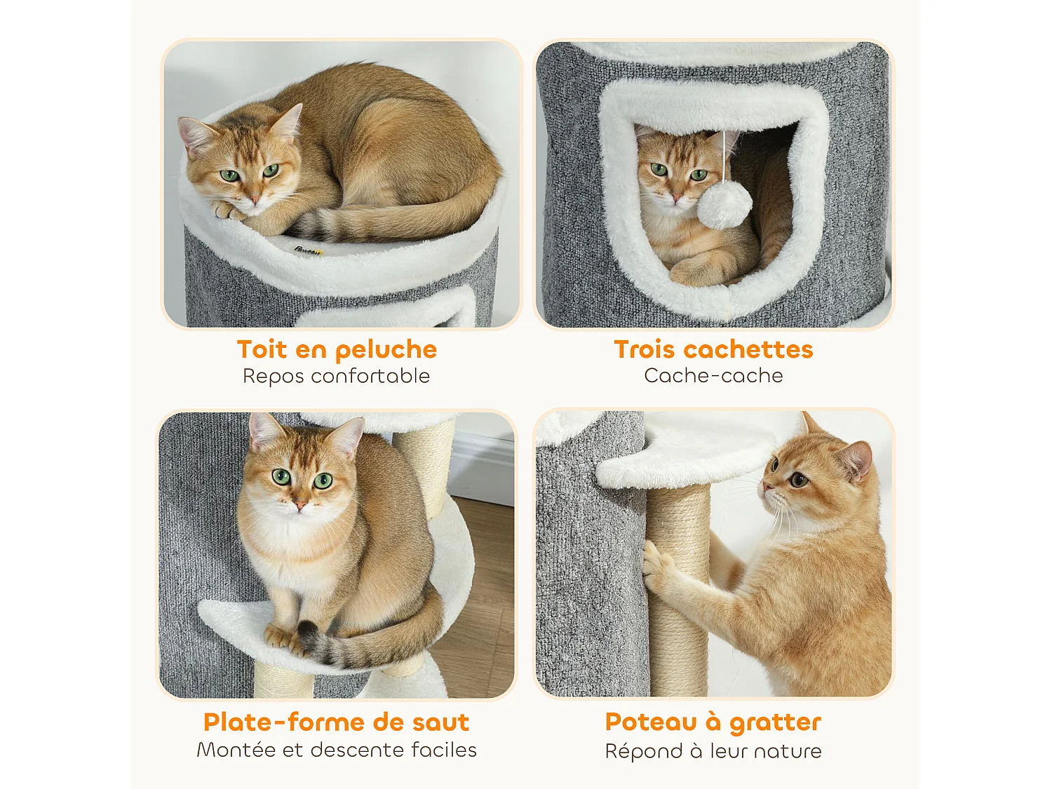 Tour pour chat H.101cm design 4 niveaux 3 boules de jeu plateforme griffoirs polyester gris peluche blanc