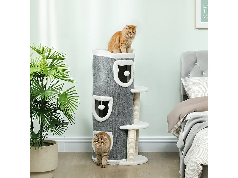 Tour pour chat H.101cm design 4 niveaux 3 boules de jeu plateforme griffoirs polyester gris peluche blanc