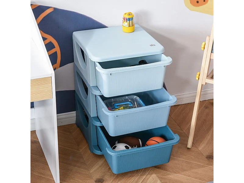Organisateur de jouets enfant 3 tiroirs - boîtes de rangement plastique - PP bleu
