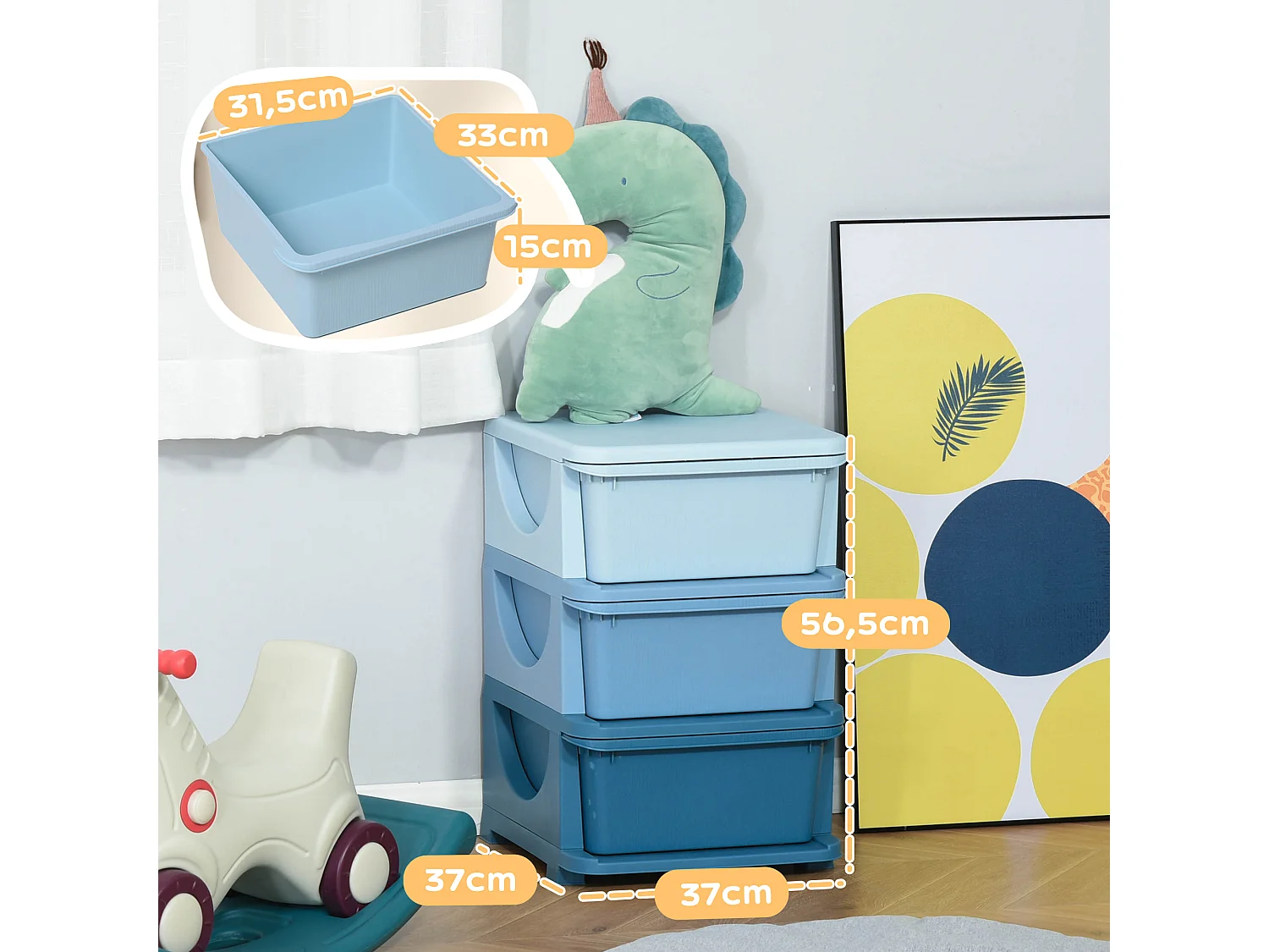 Organisateur de jouets enfant 3 tiroirs - boîtes de rangement plastique - PP bleu