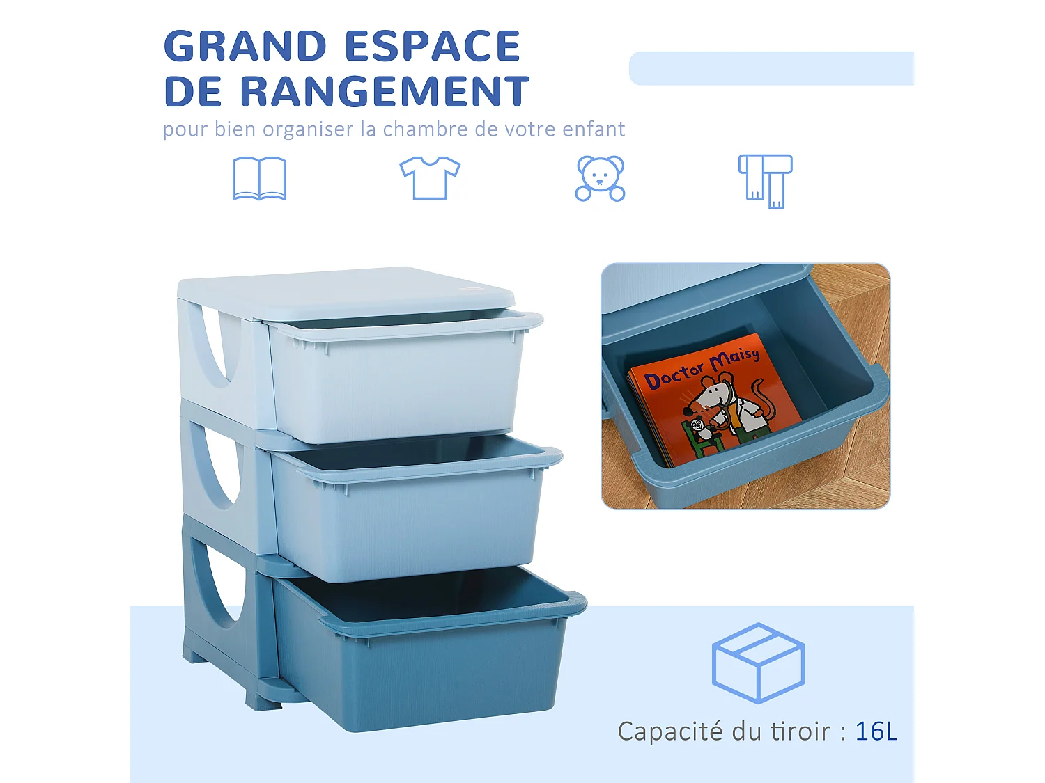 Organisateur de jouets enfant 3 tiroirs - boîtes de rangement plastique - PP bleu