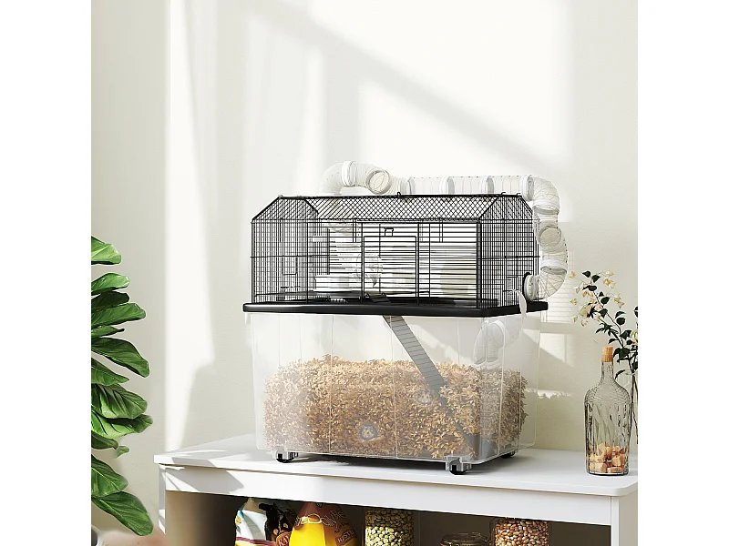 Cage pour hamster sur roulettes - cage à rongeur 2 portes - accessoires multiples - acier noir PP transparent