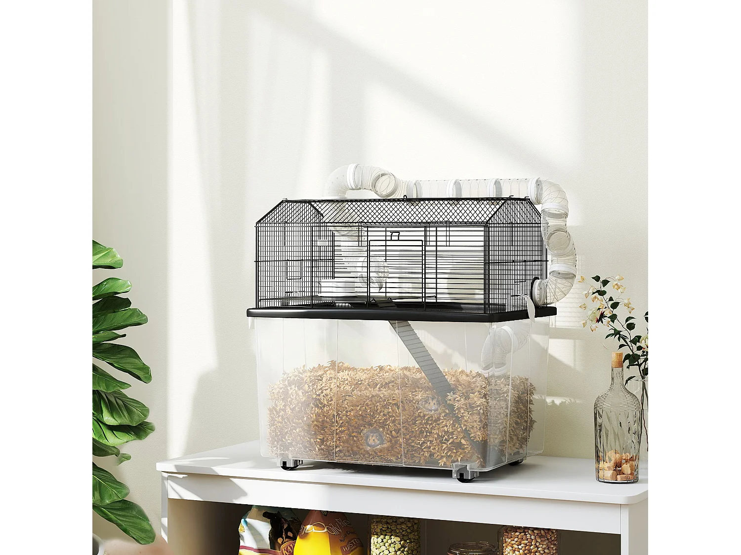 Cage pour hamster sur roulettes - cage à rongeur 2 portes - accessoires multiples - acier noir PP transparent