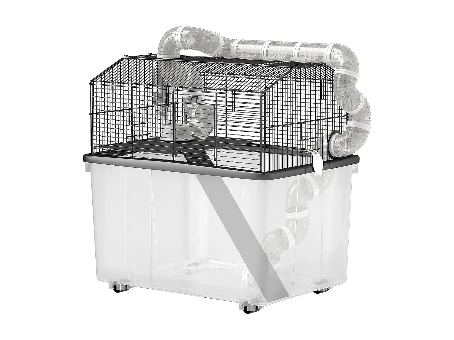 Cage pour hamster sur roulettes - cage à rongeur 2 portes - accessoires multiples - acier noir PP transparent
