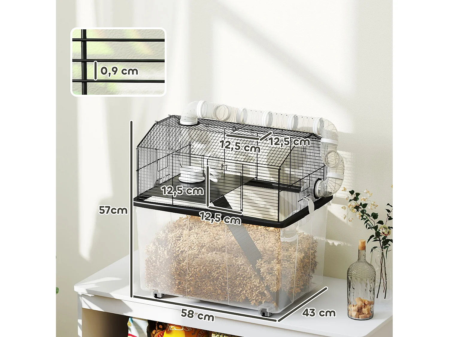 Cage pour hamster sur roulettes - cage à rongeur 2 portes - accessoires multiples - acier noir PP transparent