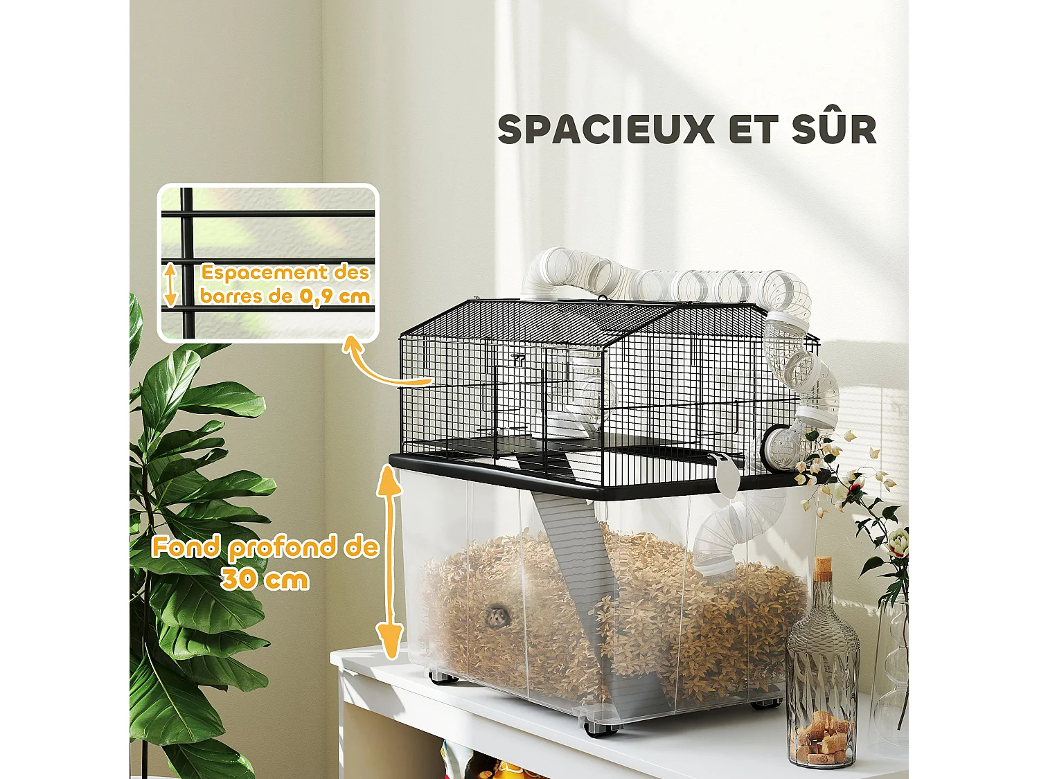 Cage pour hamster sur roulettes - cage à rongeur 2 portes - accessoires multiples - acier noir PP transparent