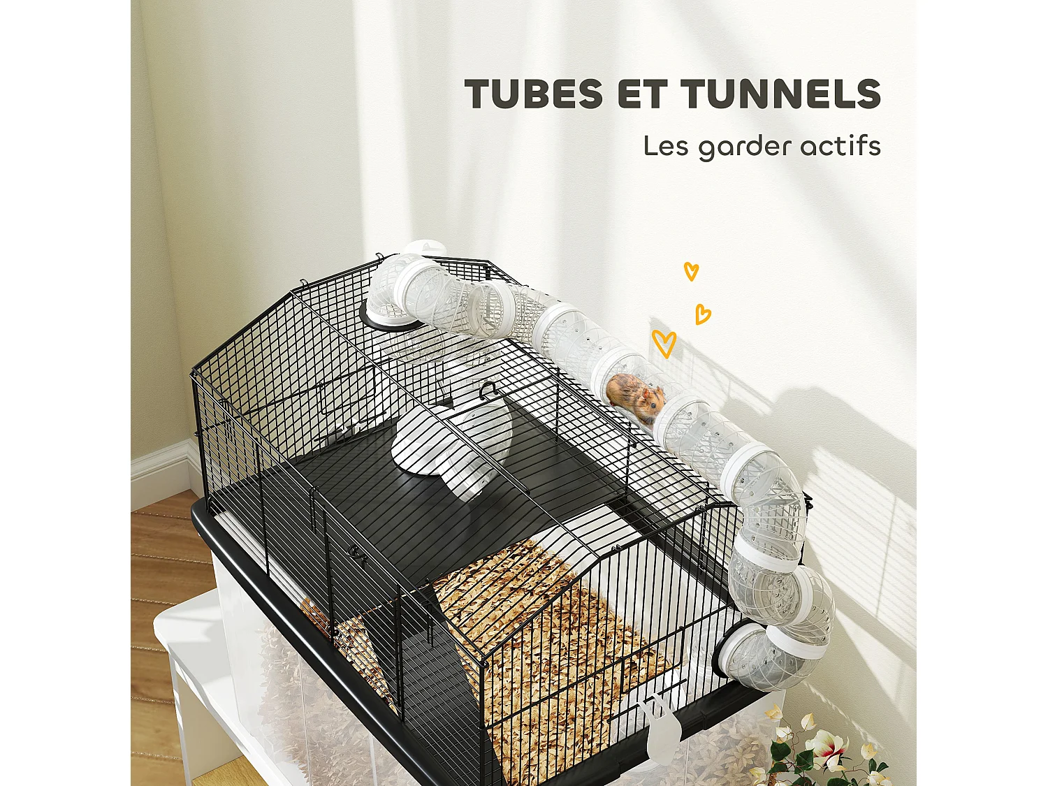 Cage pour hamster sur roulettes - cage à rongeur 2 portes - accessoires multiples - acier noir PP transparent