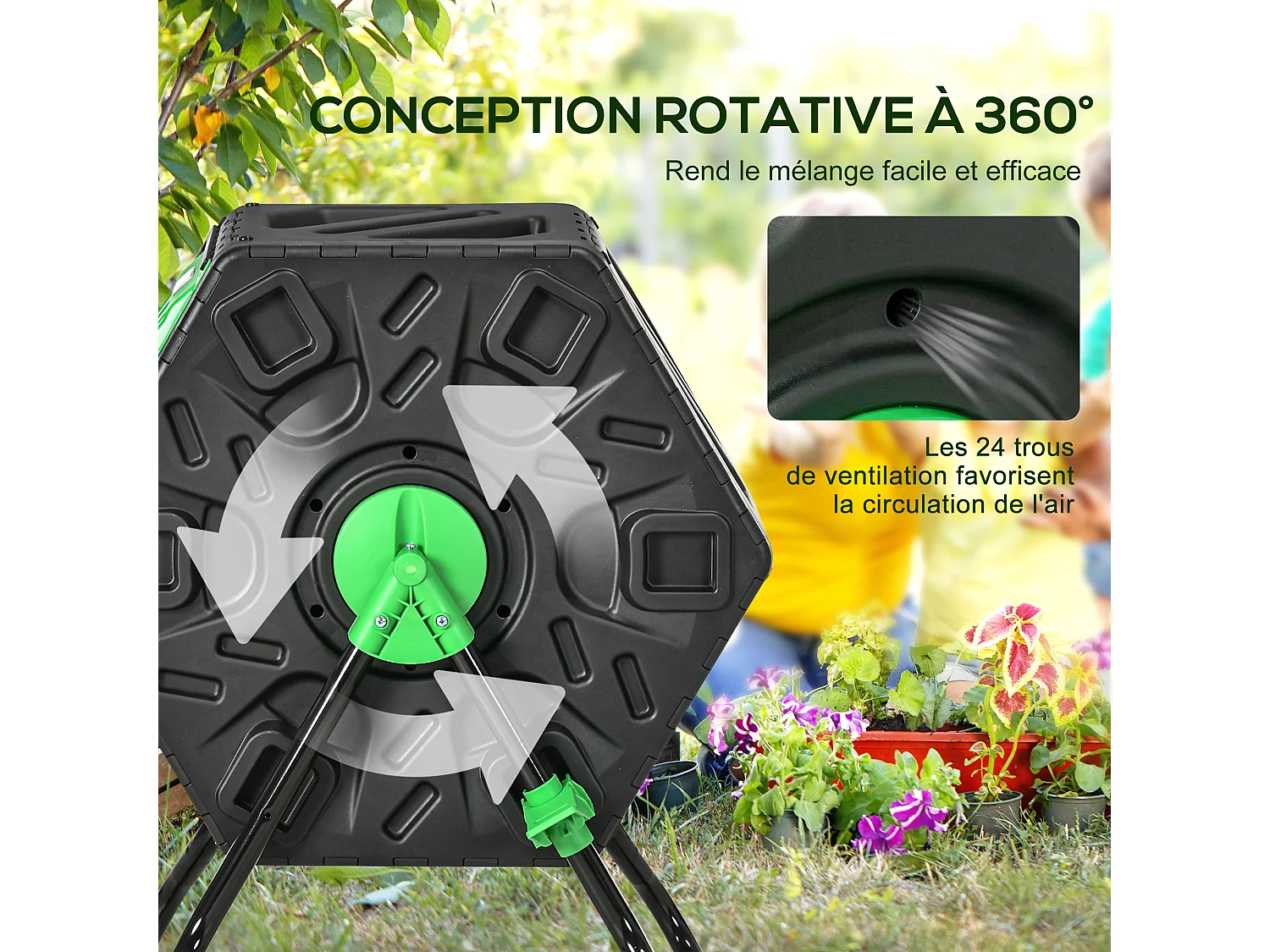 Composteur de jardin 65L - bac à compost pour déchets - rotatif 360° - acier PP noir vert