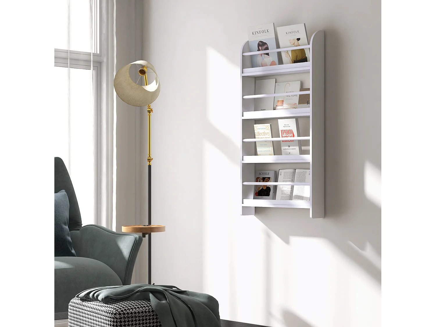 Bibliothèque murale 4 étagères avec barres supports - 59 x 12 x 113 cm - MDF bois blanc