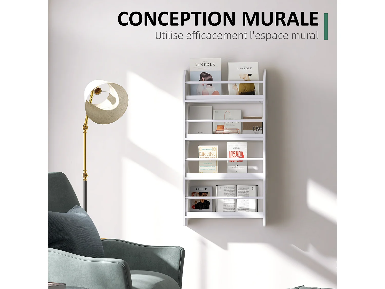 Bibliothèque murale 4 étagères avec barres supports - 59 x 12 x 113 cm - MDF bois blanc