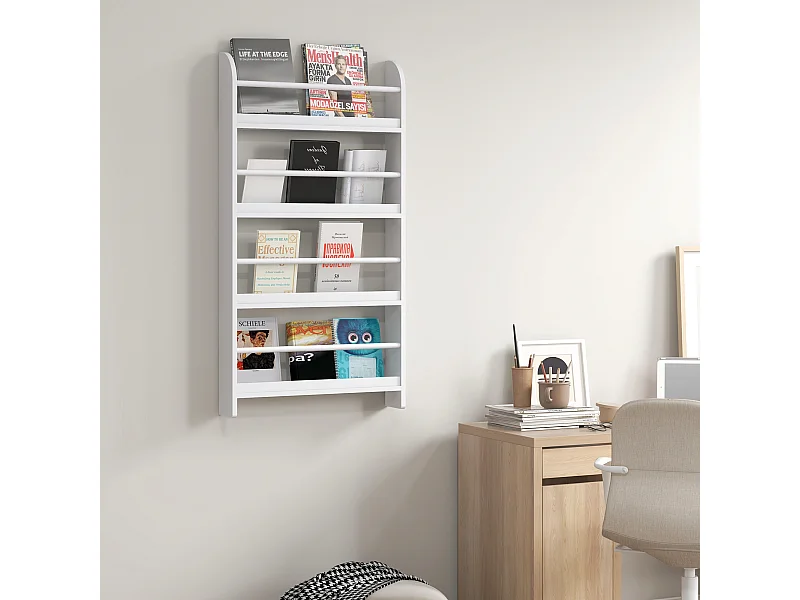 Bibliothèque murale 4 étagères avec barres supports - 59 x 12 x 113 cm - MDF bois blanc