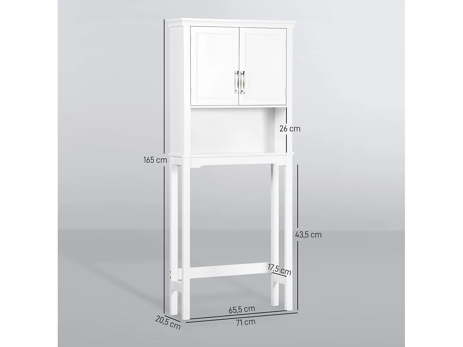 Meuble WC dessus de toilette - 2 portes, étagère, niche - poignées métal MDF blanc