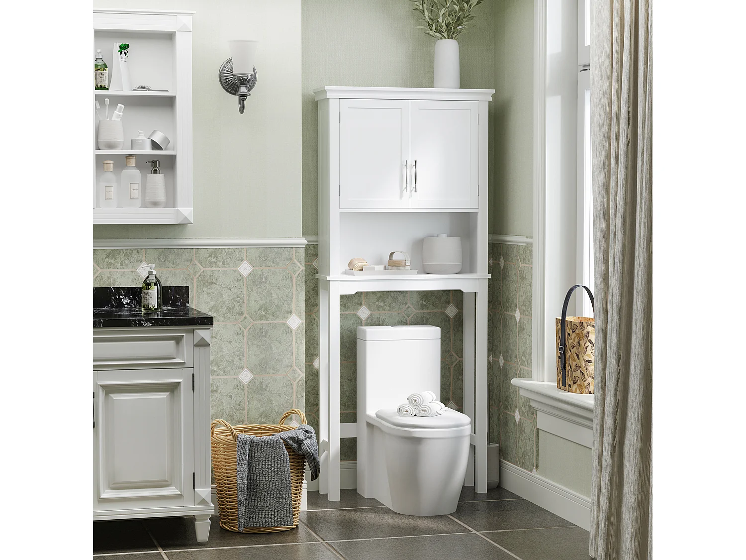 Meuble WC dessus de toilette - 2 portes, étagère, niche - poignées métal MDF blanc