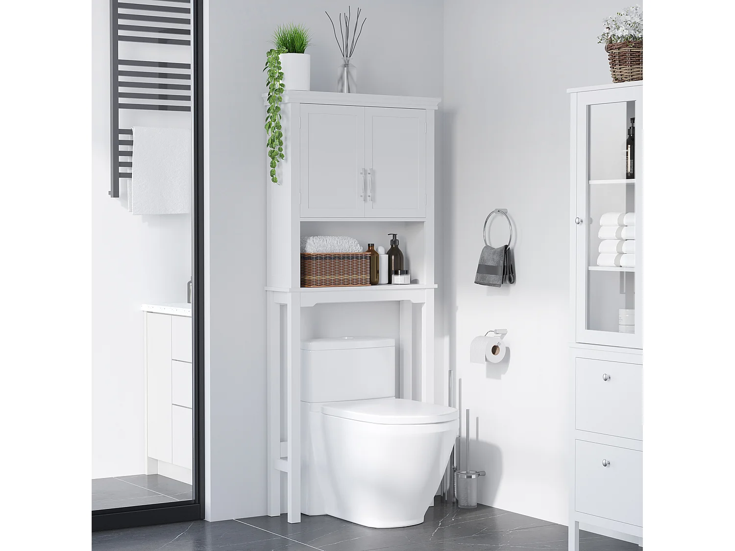 Meuble WC dessus de toilette - 2 portes, étagère, niche - poignées métal MDF blanc