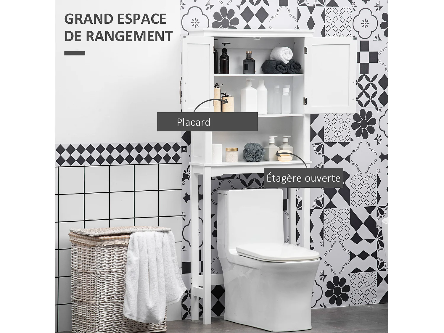 Meuble WC dessus de toilette - 2 portes, étagère, niche - poignées métal MDF blanc