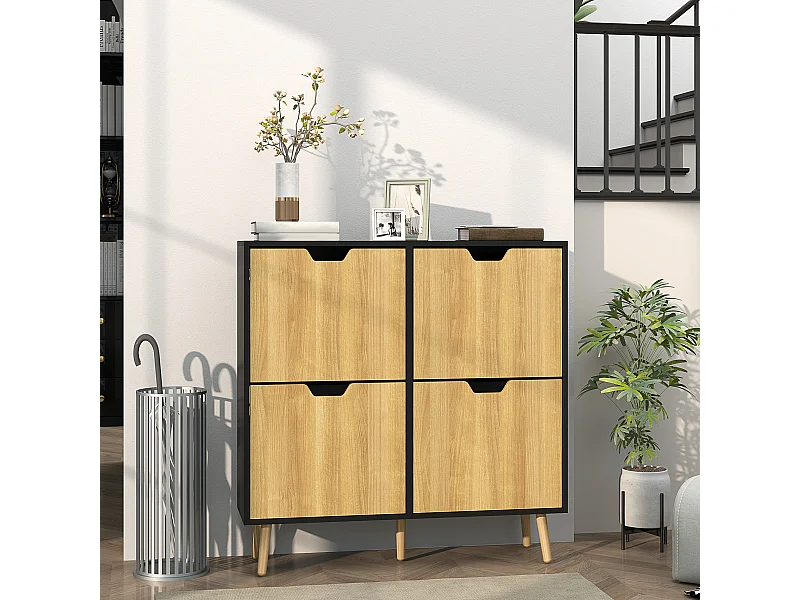 Meuble à chaussures design scandinave 4 portes abattantes 4 étagères réglables bois pin panneaux bois noir
