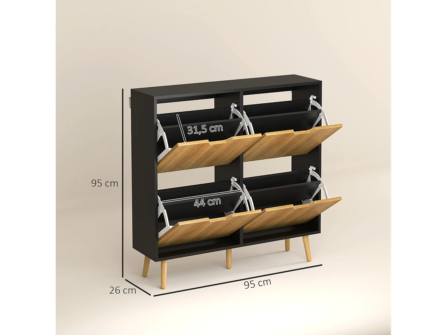 Meuble à chaussures design scandinave 4 portes abattantes 4 étagères réglables bois pin panneaux bois noir