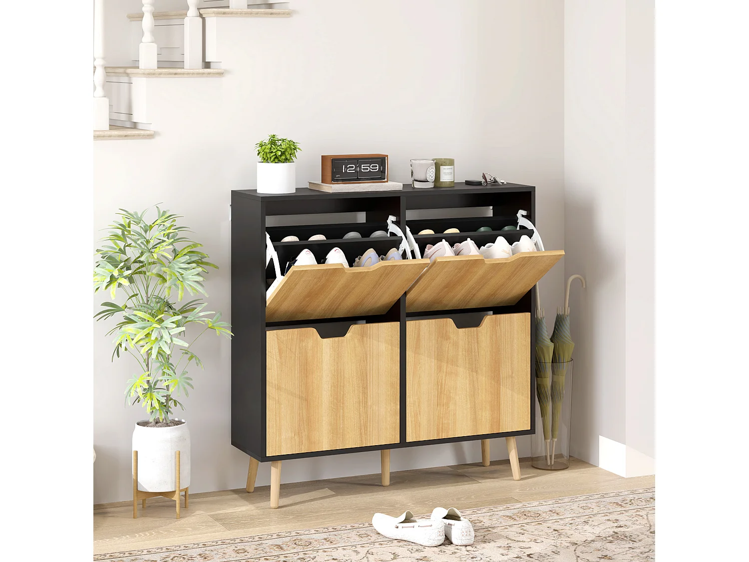 Meuble à chaussures design scandinave 4 portes abattantes 4 étagères réglables bois pin panneaux bois noir