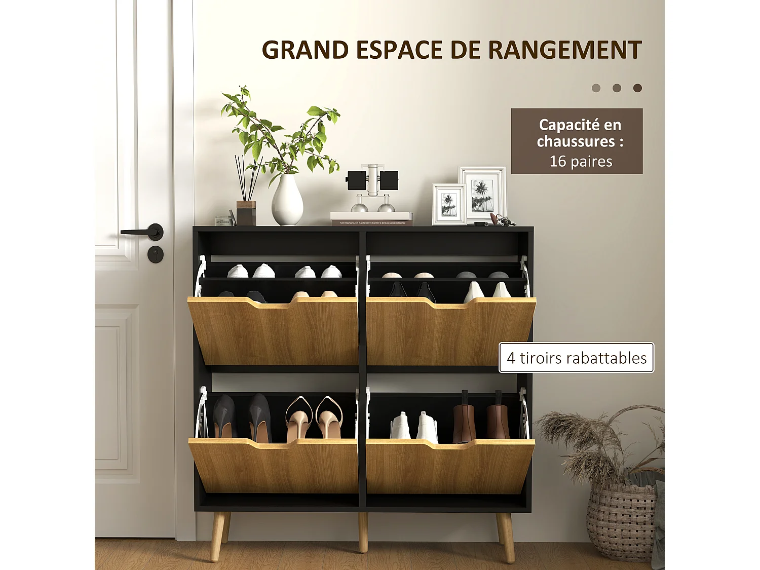 Meuble à chaussures design scandinave 4 portes abattantes 4 étagères réglables bois pin panneaux bois noir