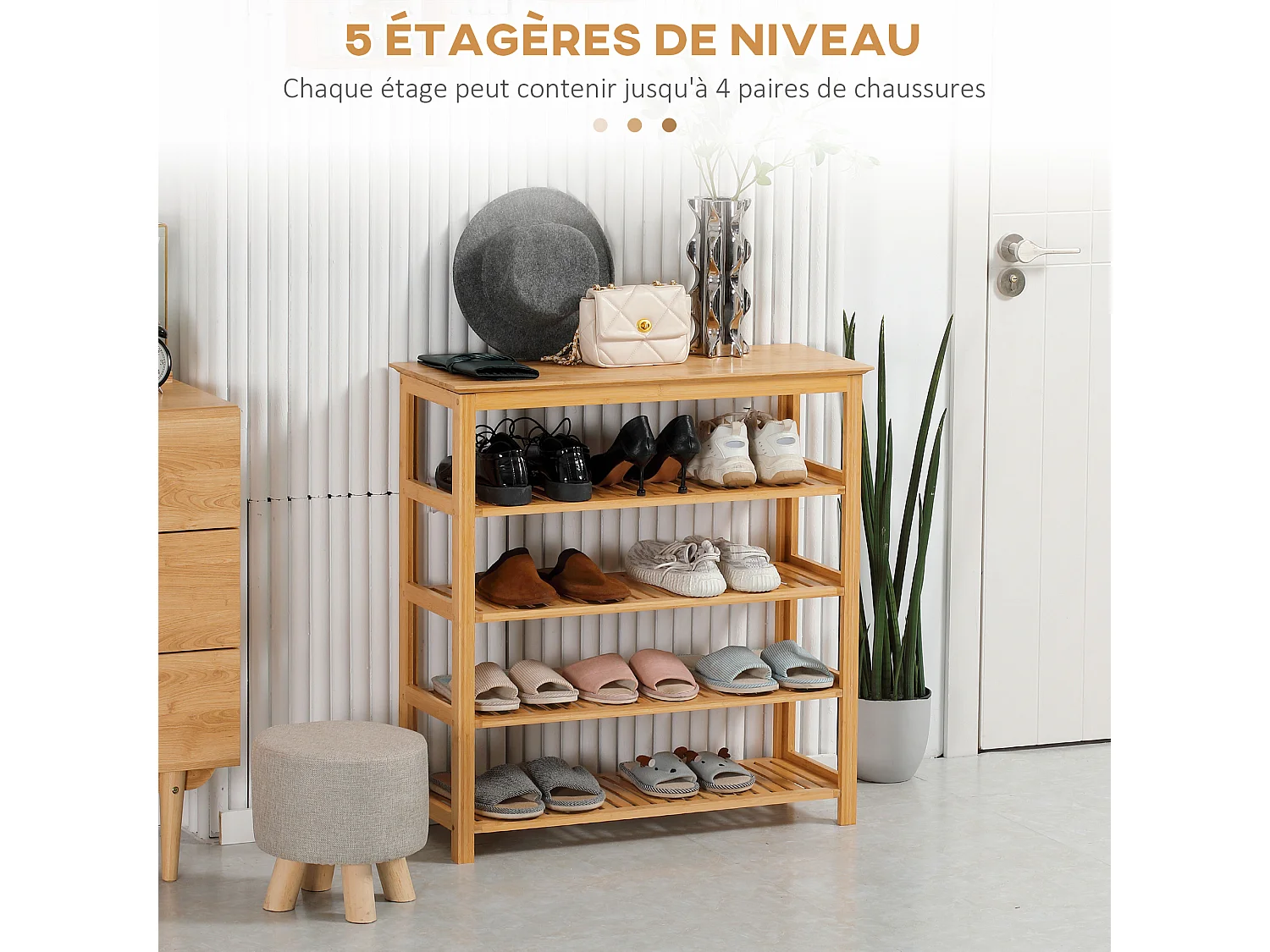 Étagère à chaussures en bambou 5 niveaux - meuble à chaussures bambou - 80 x 29 x 82 cm