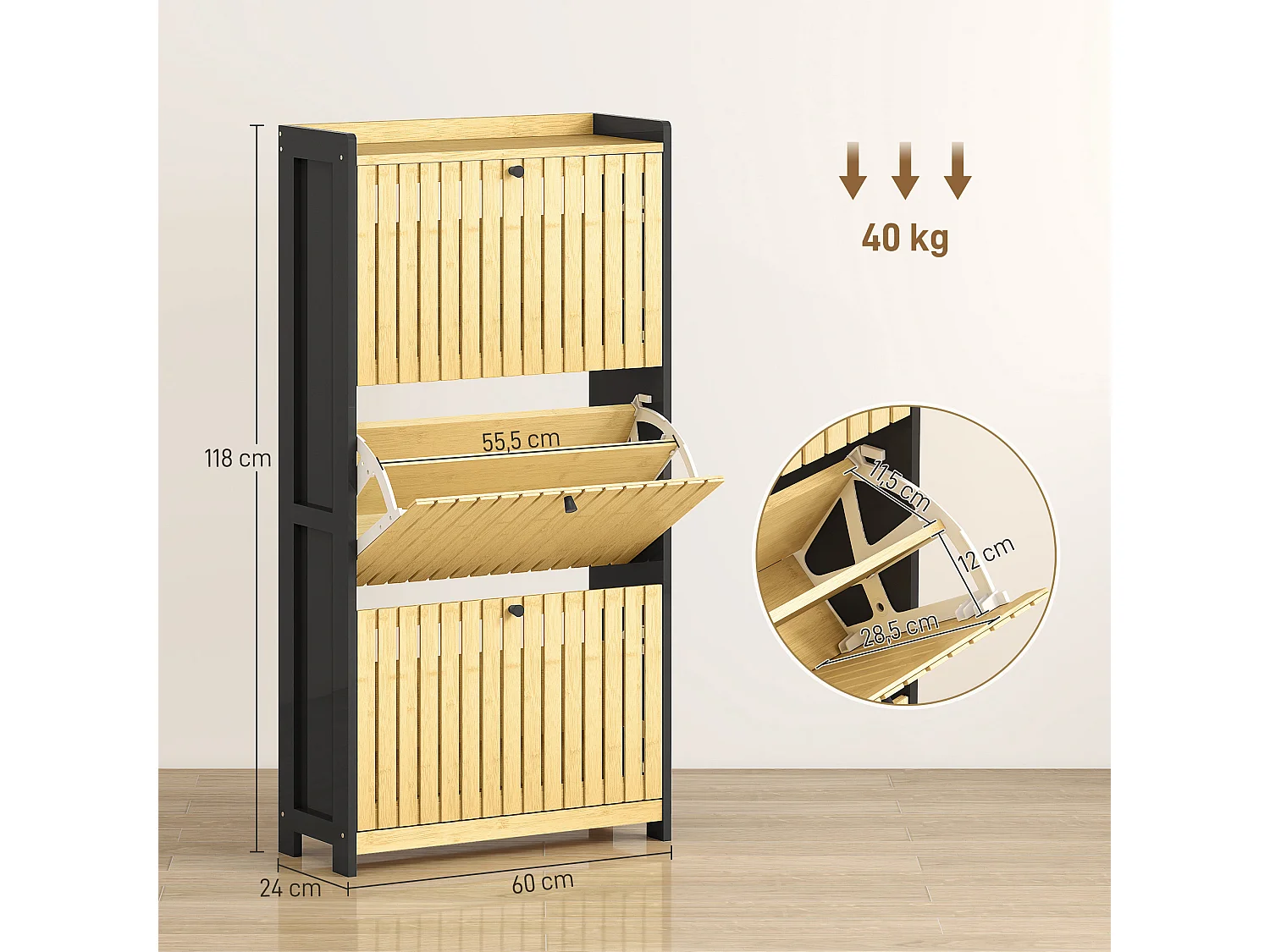 Meuble à chaussures design bambou 3 portes dim. 60x24x118 cm