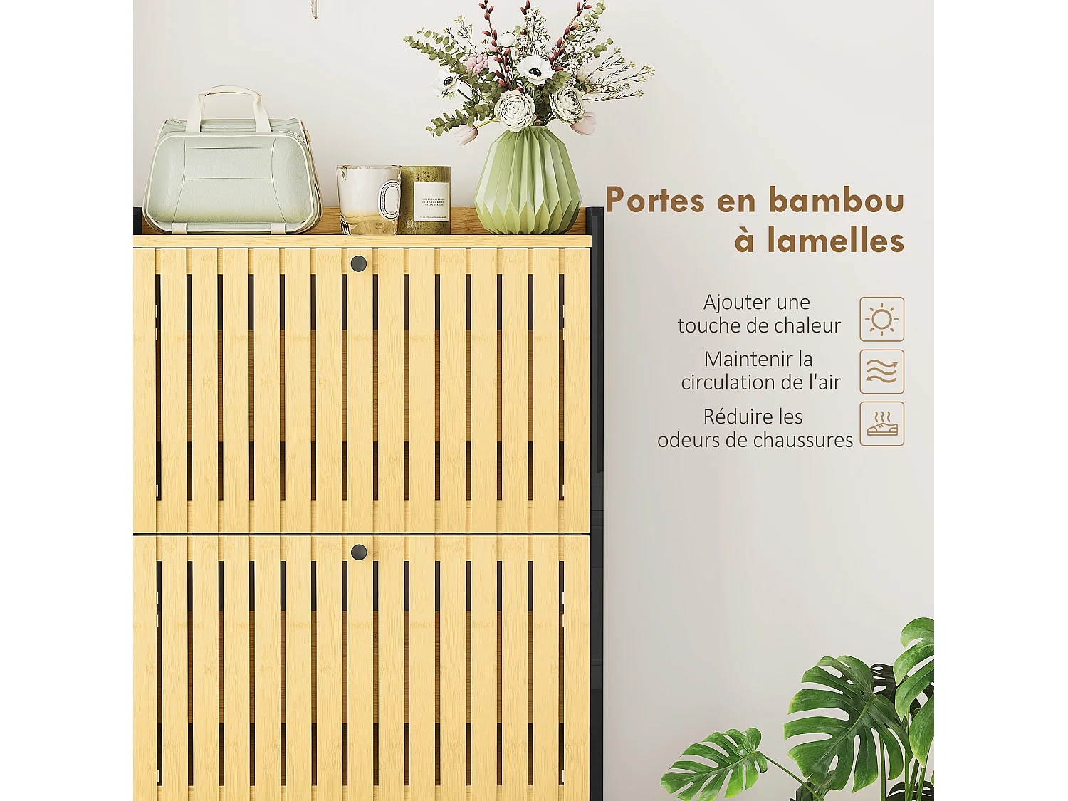 Meuble à chaussures design bambou 3 portes dim. 60x24x118 cm