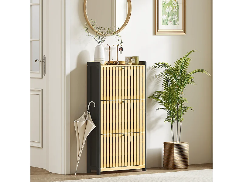 Meuble à chaussures design bambou 3 portes dim. 60x24x118 cm