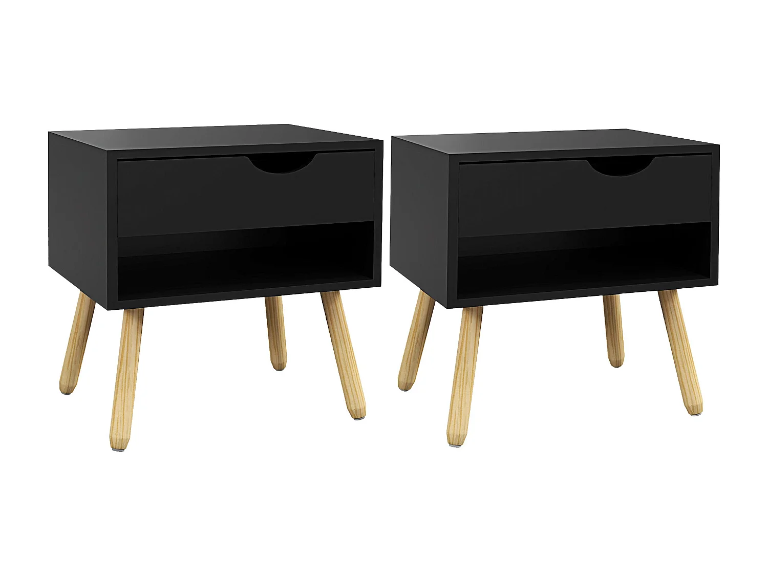 Lot de 2 tables de chevet design scandinave - tiroir, niche - piètement bois pin - noir