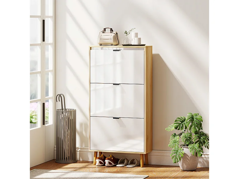 Meuble à chaussures style scandinave 3 portes étagères réglables piètement bois blanc effet bois clair