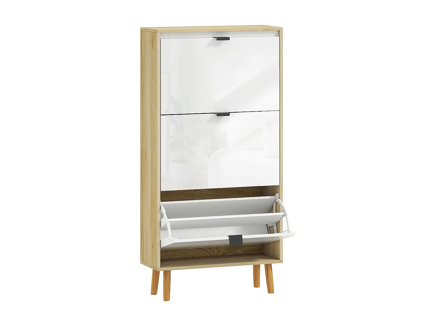 Meuble à chaussures style scandinave 3 portes étagères réglables piètement bois blanc effet bois clair