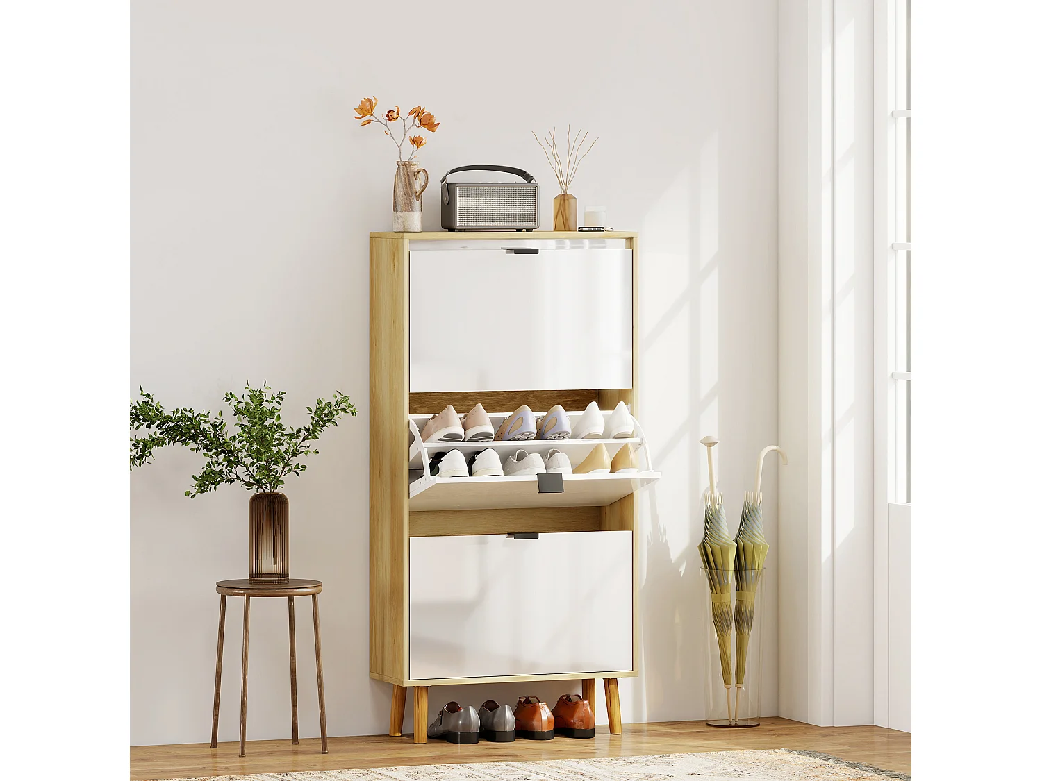 Meuble à chaussures style scandinave 3 portes étagères réglables piètement bois blanc effet bois clair