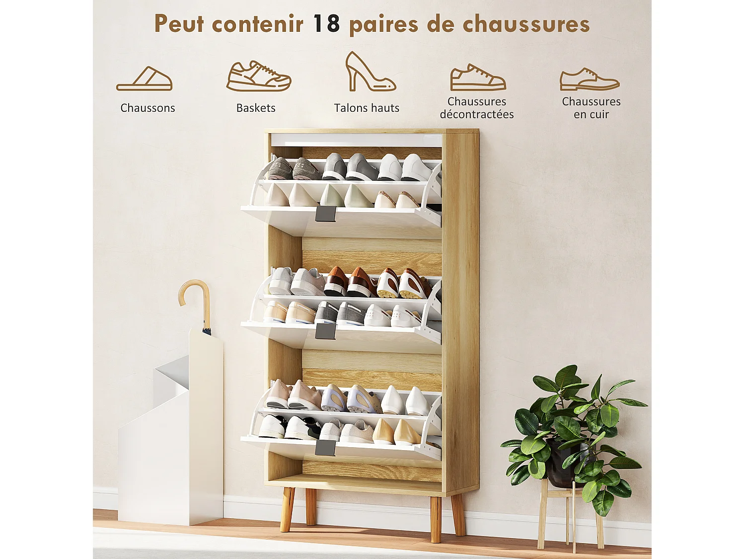 Meuble à chaussures style scandinave 3 portes étagères réglables piètement bois blanc effet bois clair