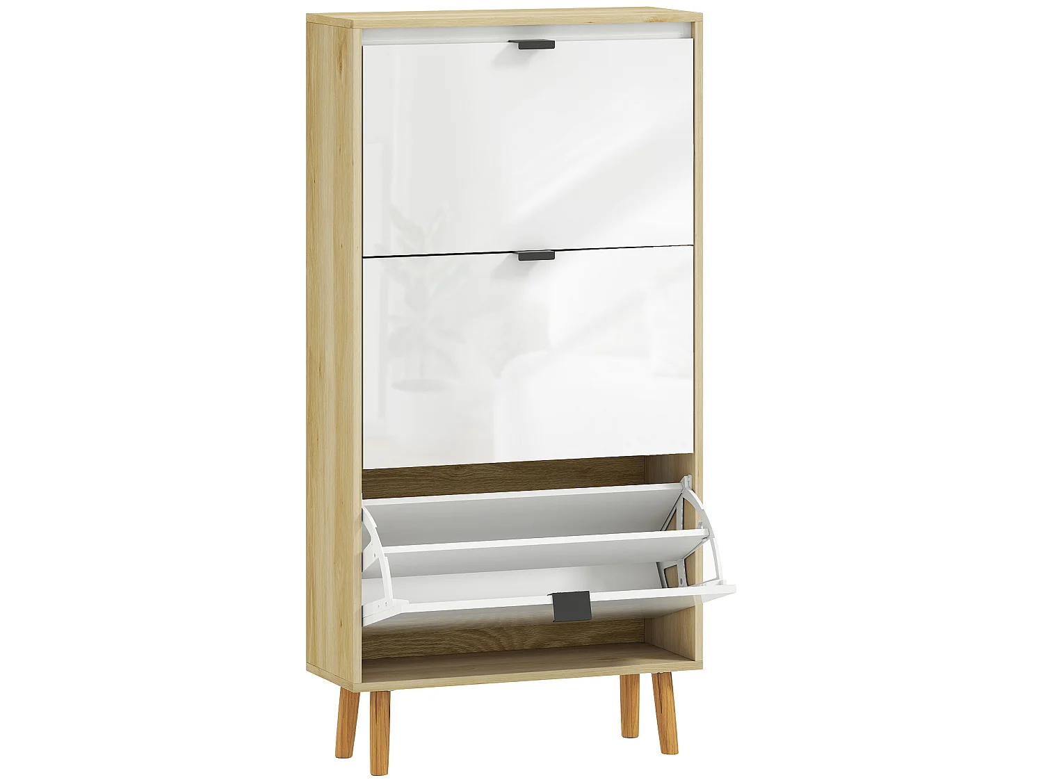 Meuble à chaussures style scandinave 3 portes étagères réglables piètement bois blanc effet bois clair