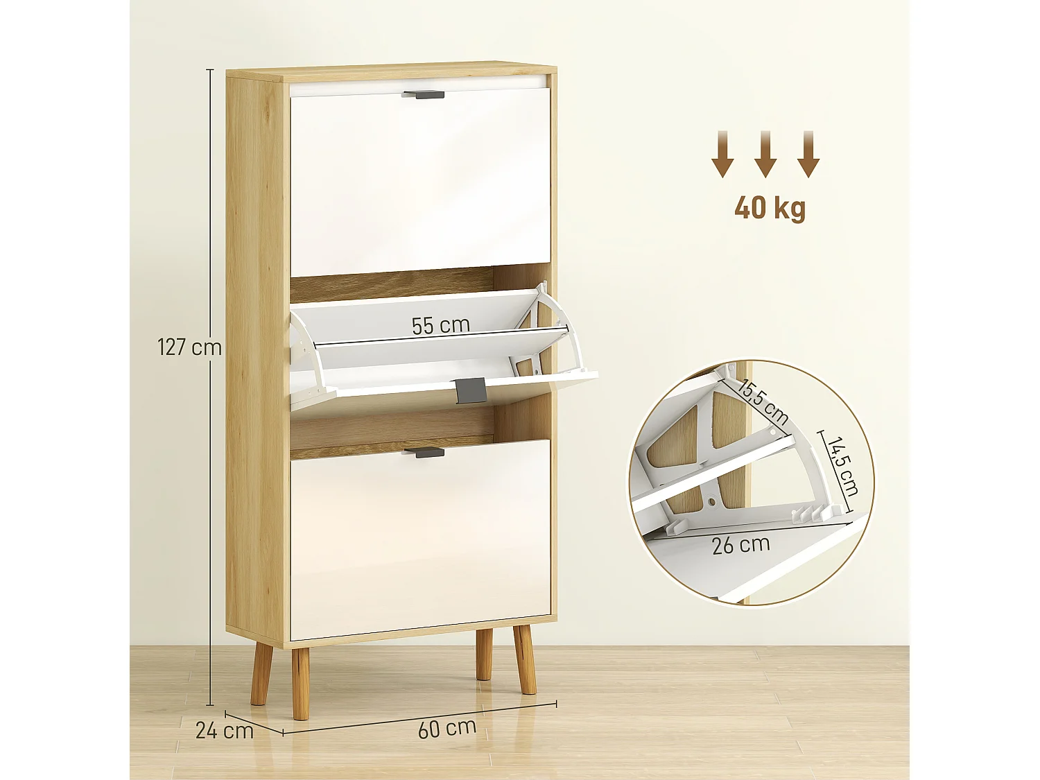 Meuble à chaussures style scandinave 3 portes étagères réglables piètement bois blanc effet bois clair