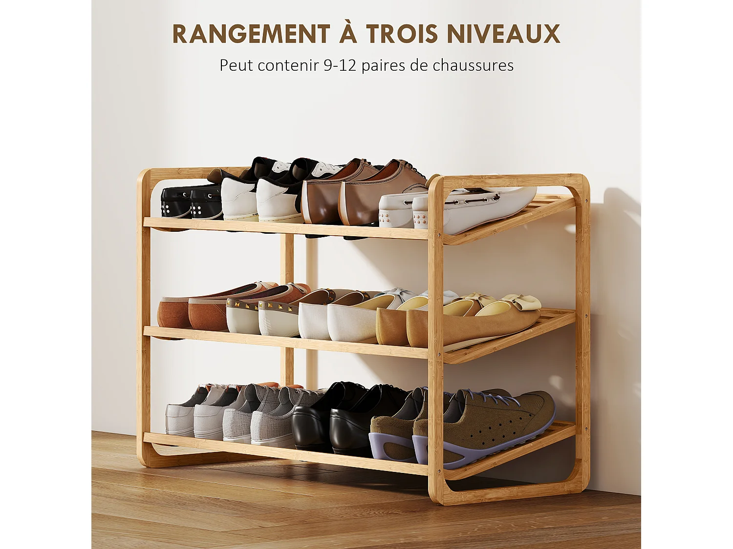 Étagère bambou style naturel - étagère à chaussures 3 niveaux - dim. 76 x 33 x 50 cm