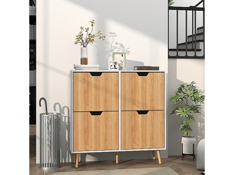 Meuble à chaussures design scandinave 4 portes abattantes 4 étagères réglables bois pin panneaux bois blanc