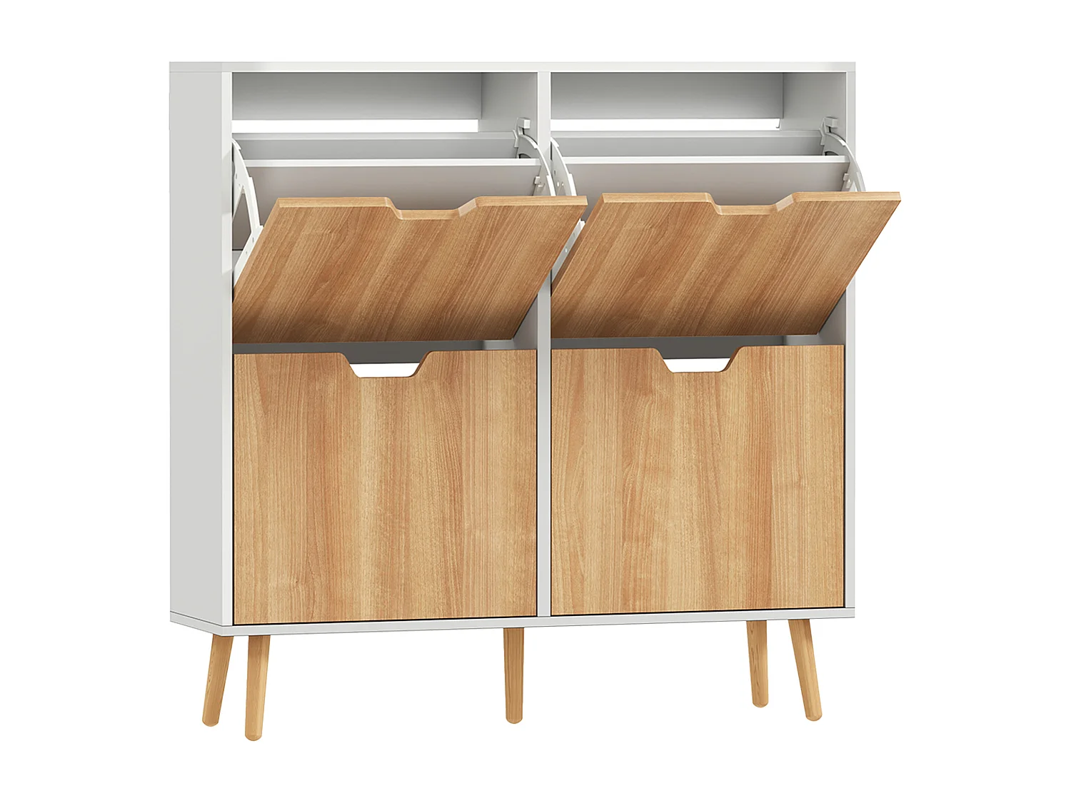 Meuble à chaussures design scandinave 4 portes abattantes 4 étagères réglables bois pin panneaux bois blanc