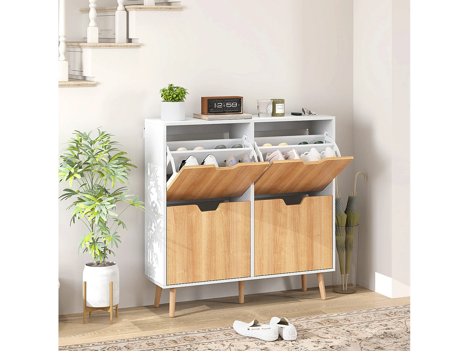 Meuble à chaussures design scandinave 4 portes abattantes 4 étagères réglables bois pin panneaux bois blanc