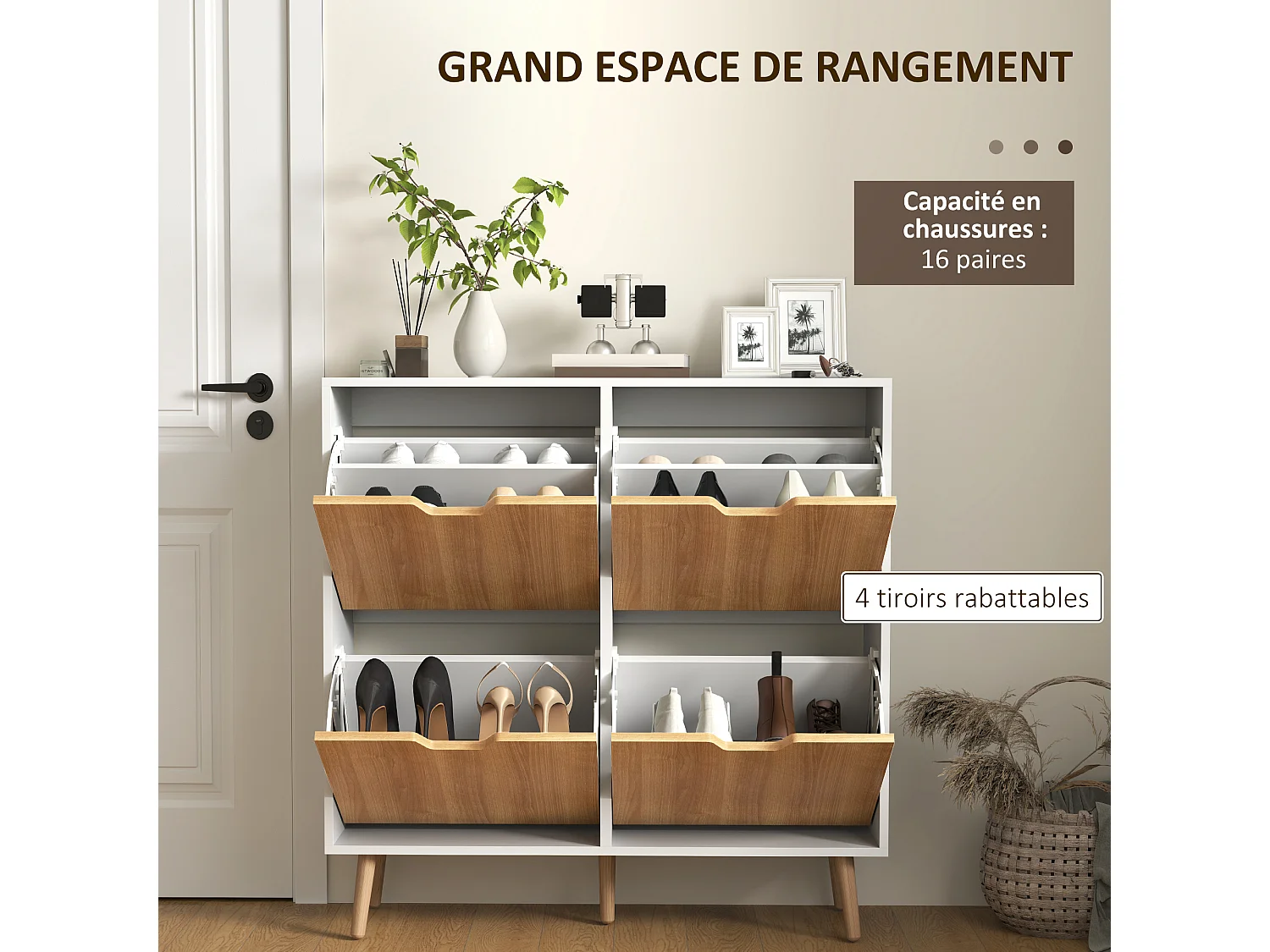 Meuble à chaussures design scandinave 4 portes abattantes 4 étagères réglables bois pin panneaux bois blanc