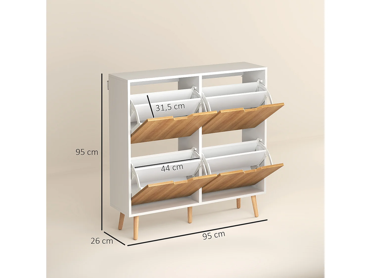 Meuble à chaussures design scandinave 4 portes abattantes 4 étagères réglables bois pin panneaux bois blanc