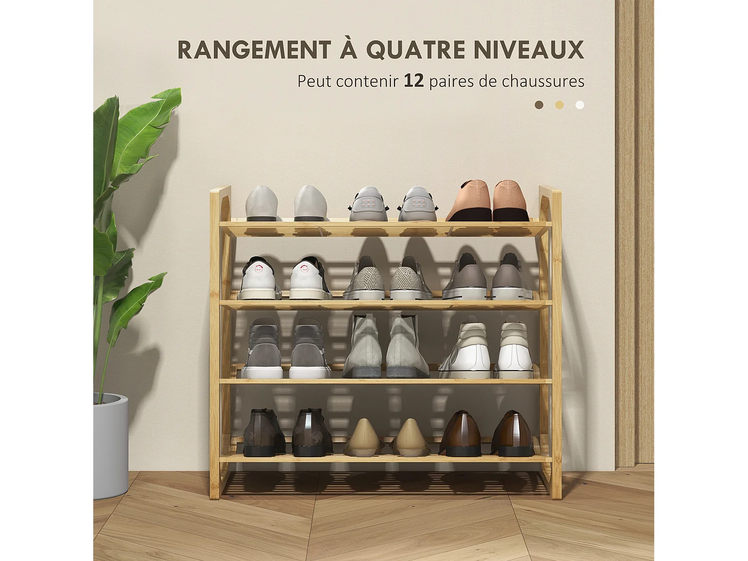 Étagère à chaussures en bambou 4 niveaux à lattes dim. 76 x 33 x 67 cm