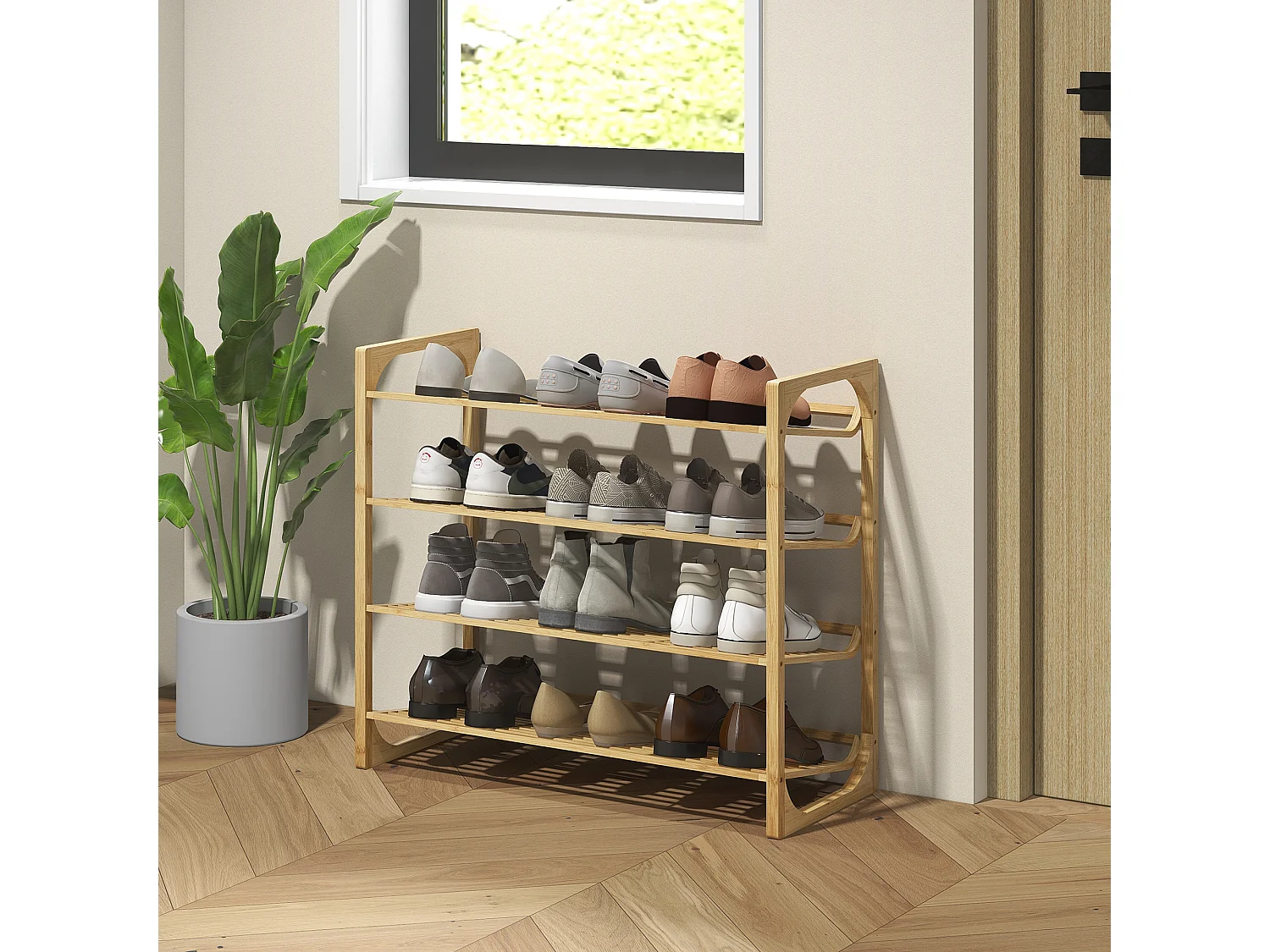Étagère à chaussures en bambou 4 niveaux à lattes dim. 76 x 33 x 67 cm
