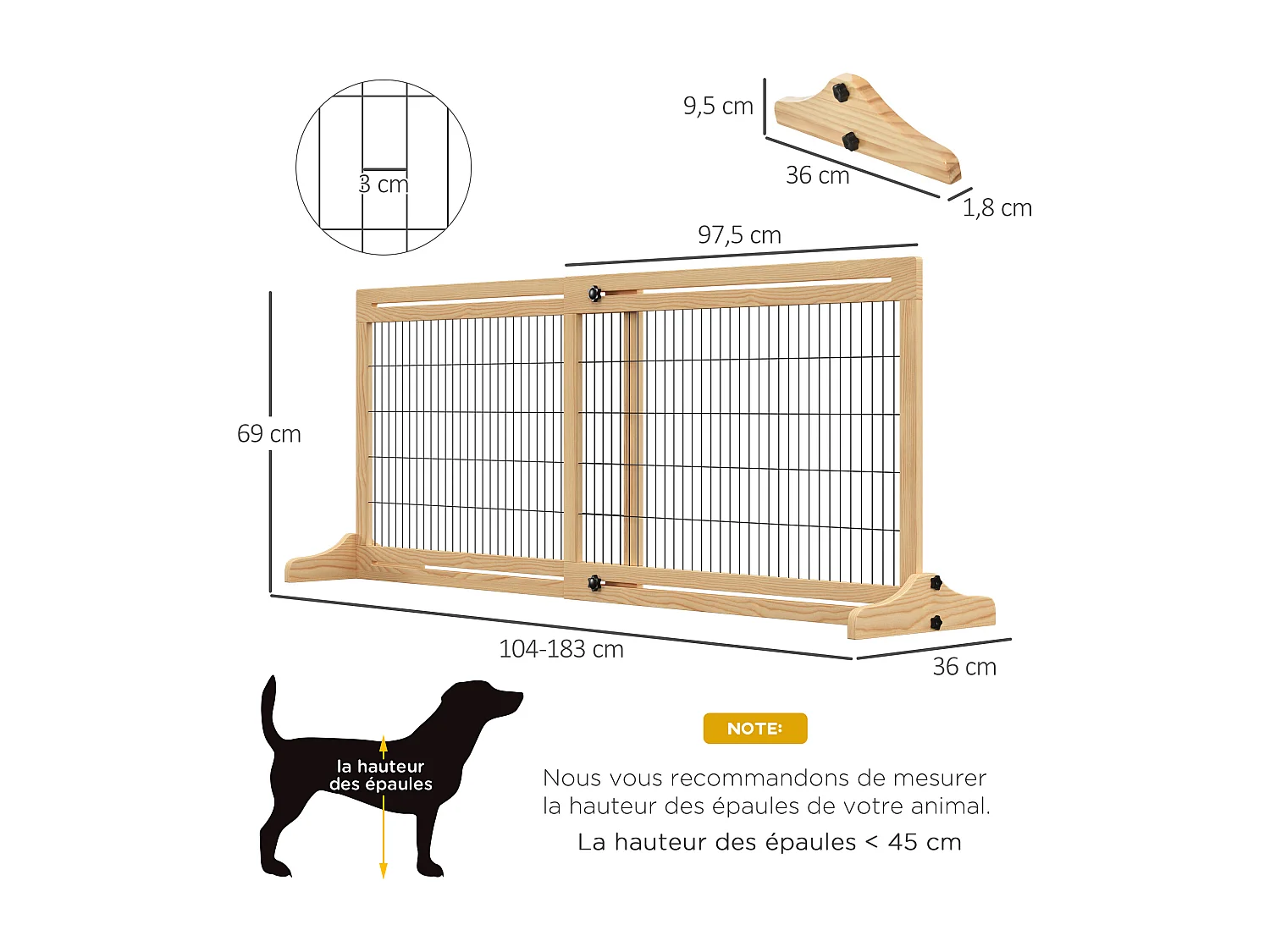 Barrière de sécurité chien barrière autoportante longueur réglable dim. 104-183L x 36l x 69H cm bois pin verni acier noir