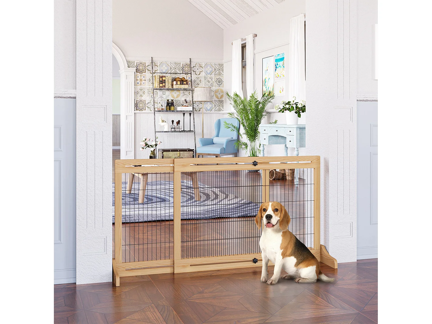 Barrière de sécurité chien barrière autoportante longueur réglable dim. 104-183L x 36l x 69H cm bois pin verni acier noir