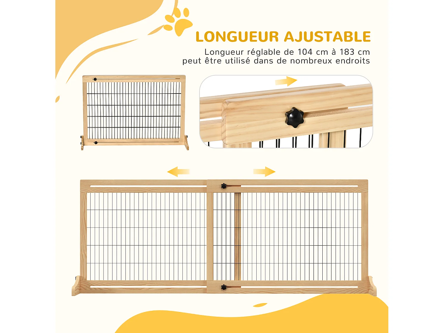 Barrière de sécurité chien barrière autoportante longueur réglable dim. 104-183L x 36l x 69H cm bois pin verni acier noir