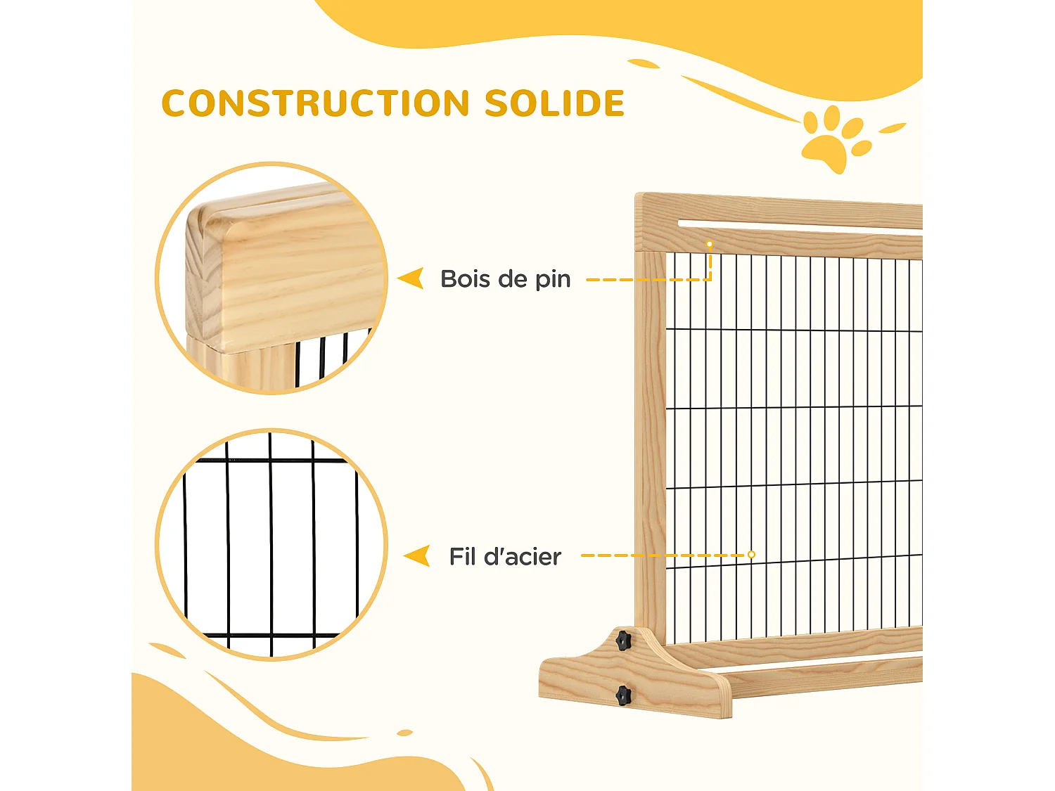 Barrière de sécurité chien barrière autoportante longueur réglable dim. 104-183L x 36l x 69H cm bois pin verni acier noir