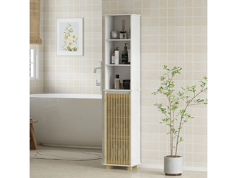 Colonne salle de bain H.173 cm - porte à lattes verticales, étagère, 3 niches - piètement bambou blanc